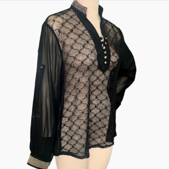 Belush Sheer Mixed Textured Lace Front Top XL Black w/ Gold Accents #116H - Picture 4 of 10